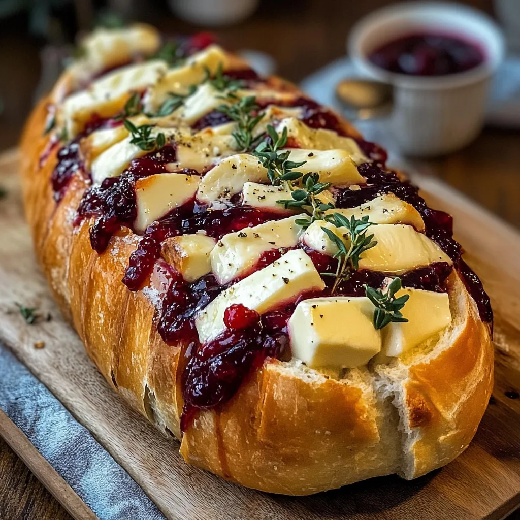 A loaf of bread with cheese and cranberry sauce.