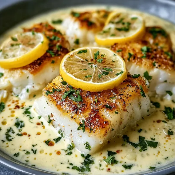 A dish of baked cod with lemon and coconut cream sauce.