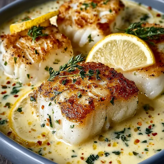 A dish of baked cod in coconut lemon cream sauce.